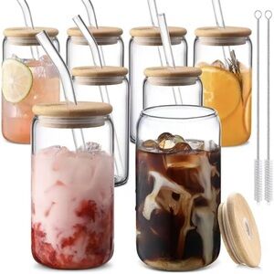 Drinking Glasses with Bamboo Lids and Glass Straw 8pcs Set  16oz Can Shaped Cups